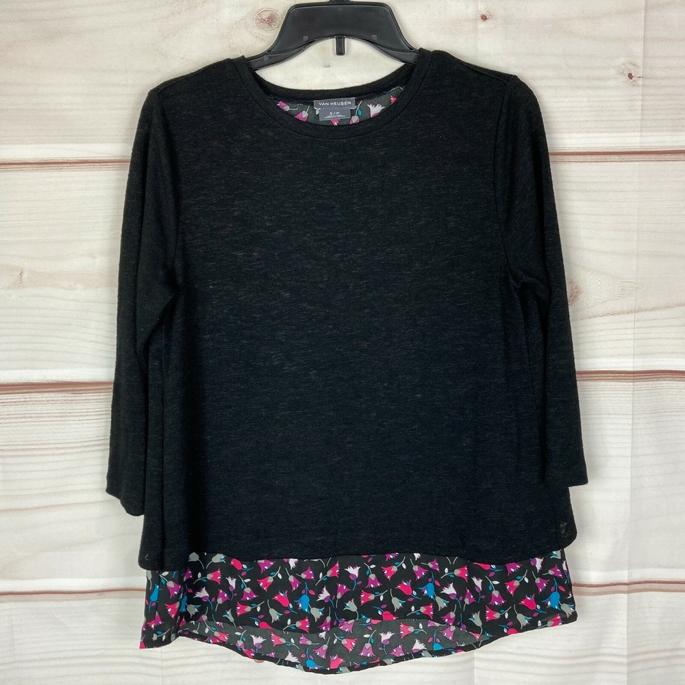 Van Heusen Top Women S Black Layered Look Blouse 3/4 Sleeve Chiffon Hem Pullover